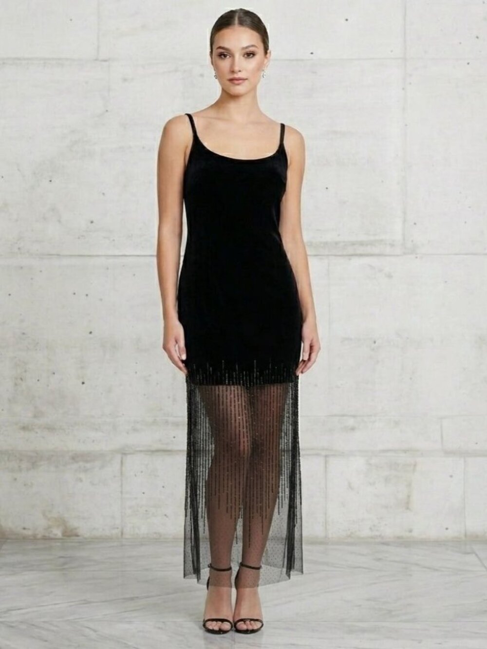 Niki Livas Y2K Velvet Slip Maxi Dress Black Beaded Sheer 6 Formal Prom